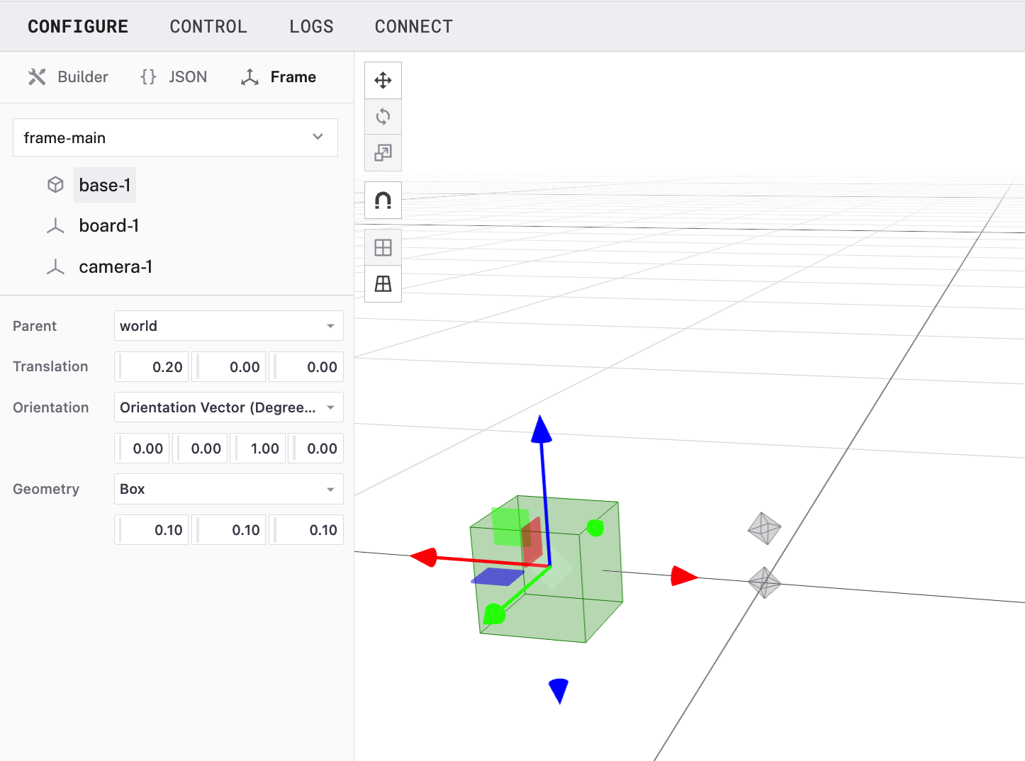 Demo robot with default box bounds added to the wheeled base, shown in the Frame System Editor